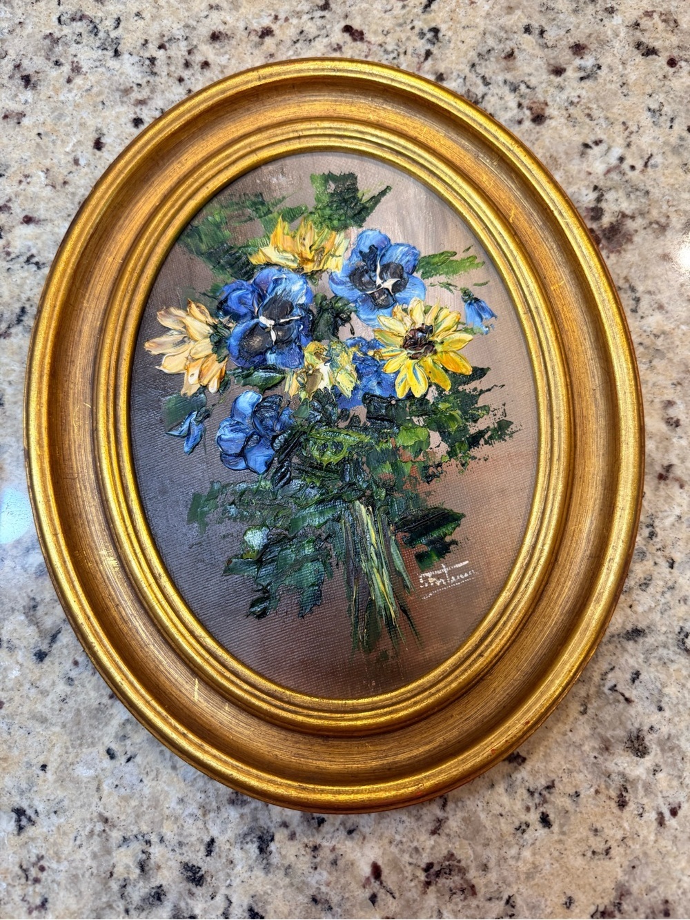 Vintage Oval Floral Painting in Gold Frame - Blue & Yellow Bouquet (set of 2)